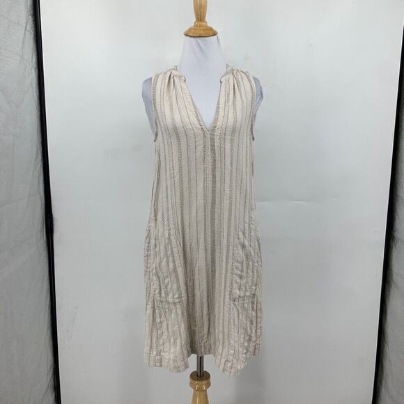 Splendid Dress Women XS Extra Small Beige Stripe Amorosa Split Neck Linen Blend - Picture 2 of 14